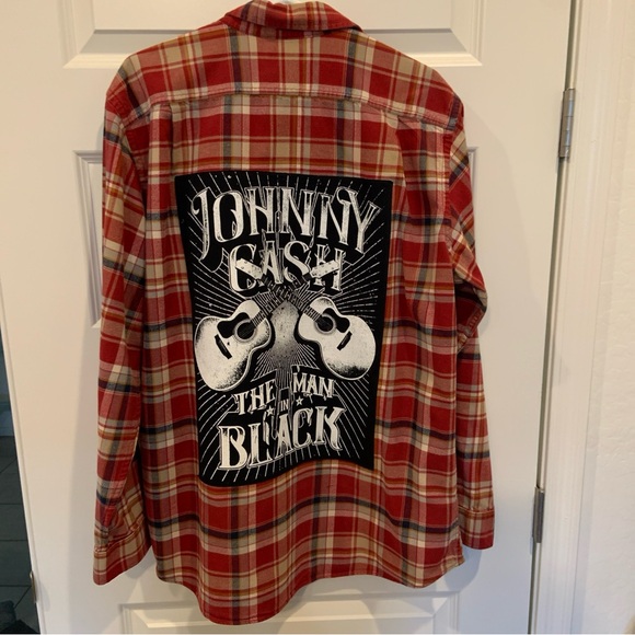 Custom Made Johnny Cash Graphic on Red Plaid Eddie Bauer Flannel Shirt, Sz TL - Picture 3 of 7